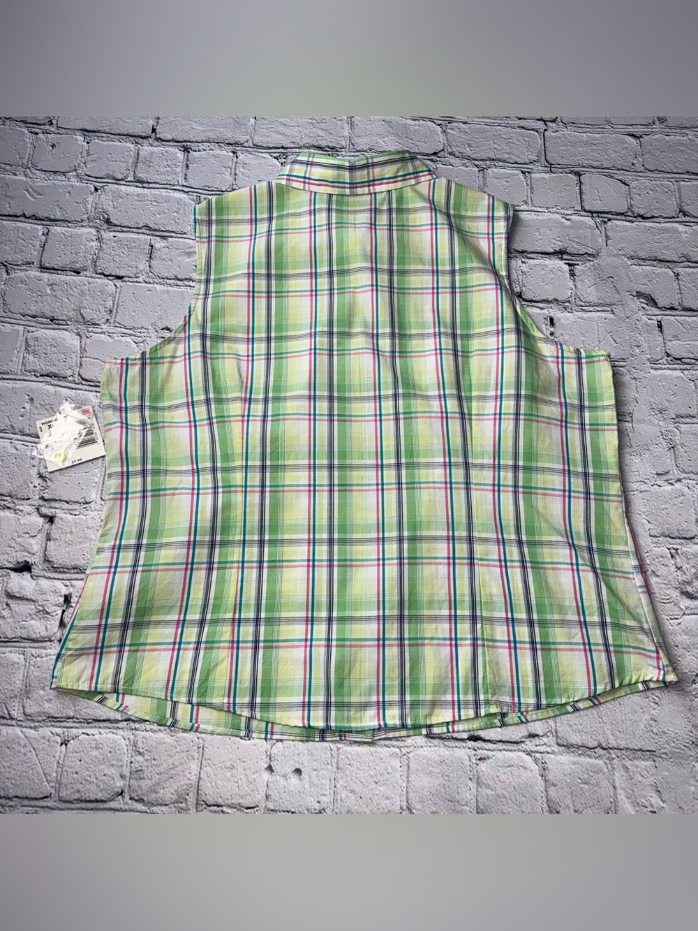 Basic Editions 00s Sleeveless Plaid Button-Front Top Light Green Plaid Size XL - Picture 4 of 9
